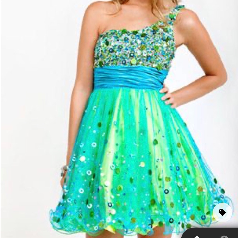 beyond division of JOVANI 152158 sequin turquoise short tulle dress 2.